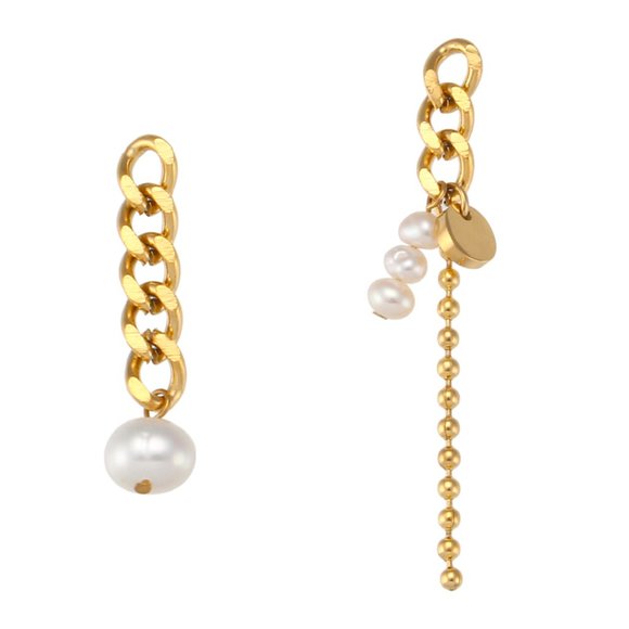 Asymmetrical Dainty Drop‎ Pearl Earrings 18K Gold Plated Stainless Steel - Picture 2 of 11
